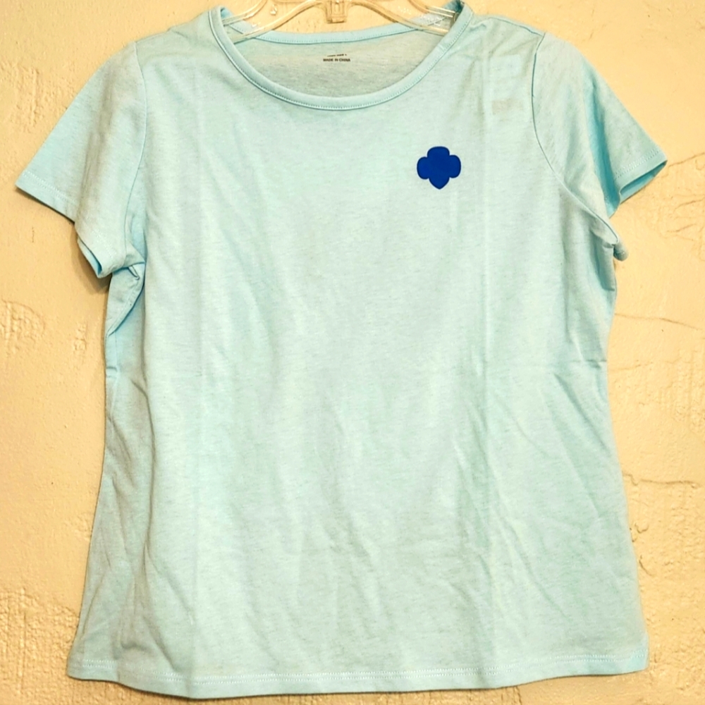NWT Girl Scouts Trefoil Logo Short Sleeve Tee Shirt in Aqua Blue Teen Size Large